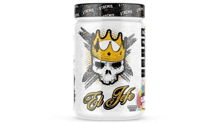 A container of Nutricartel El Jefe pre-workout in Sour Gummy Bear flavor against a white background